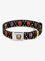 Colorful Calaveras Black Multi Color Seatbelt Buckle Dog Collar