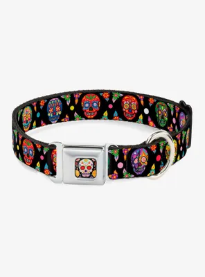 Colorful Calaveras Black Multi Color Seatbelt Buckle Dog Collar