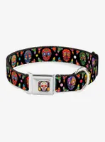 Colorful Calaveras Black Multi Color Seatbelt Buckle Dog Collar