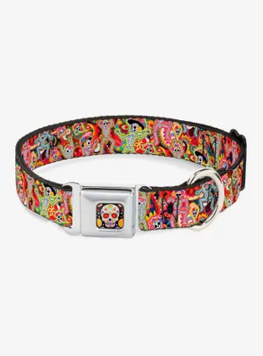 Dancing Catrinas Collage Multi Color Seatbelt Buckle Dog Collar