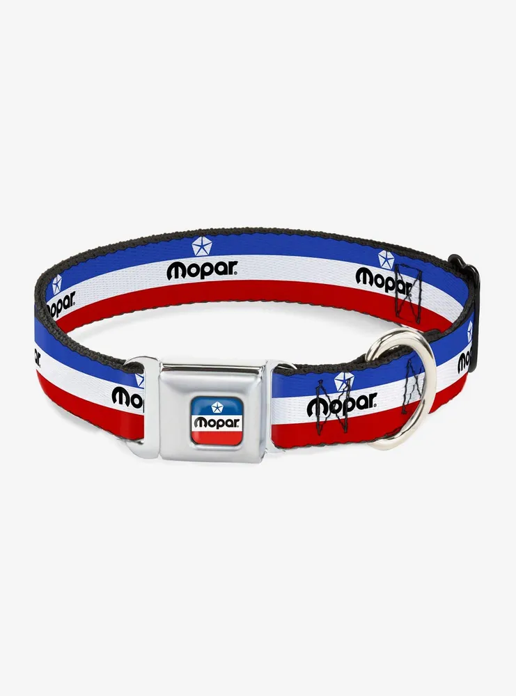 Mopar Logo Stripe Blue White Red Seatbelt Buckle Dog Collar