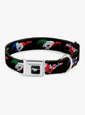 Mustang Silhouette Black International Flags Seatbelt Buckle Dog Collar
