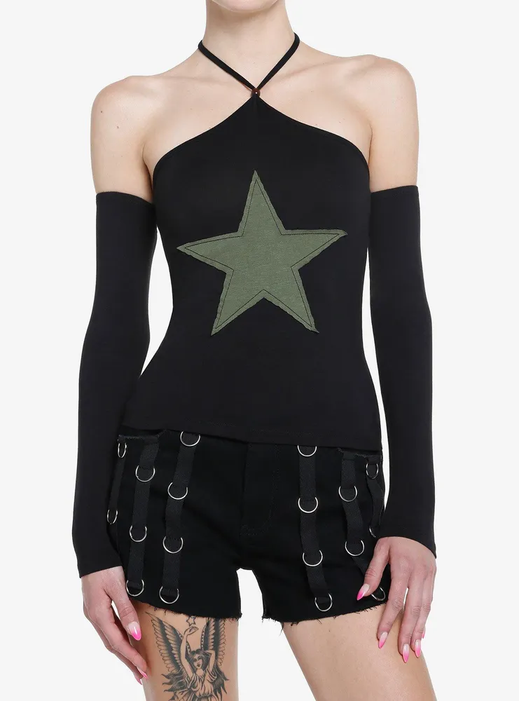 Social Collision Green Star Crop Girls Long-Sleeve Top