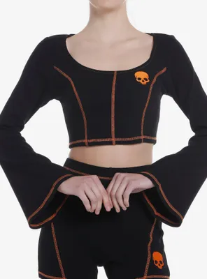 Social Collision Black & Orange Stitch Skull Bell Sleeve Girls Top