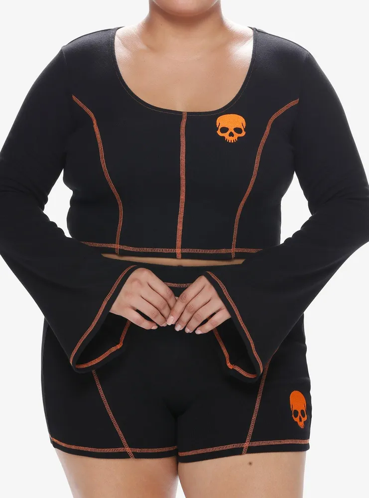 Social Collision Black & Orange Stitch Skull Bell Sleeve Girls Top Plus