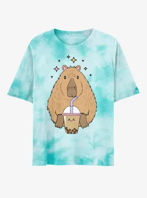 Capybara Boba Tie-Dye Boyfriend Fit Girls T-Shirt