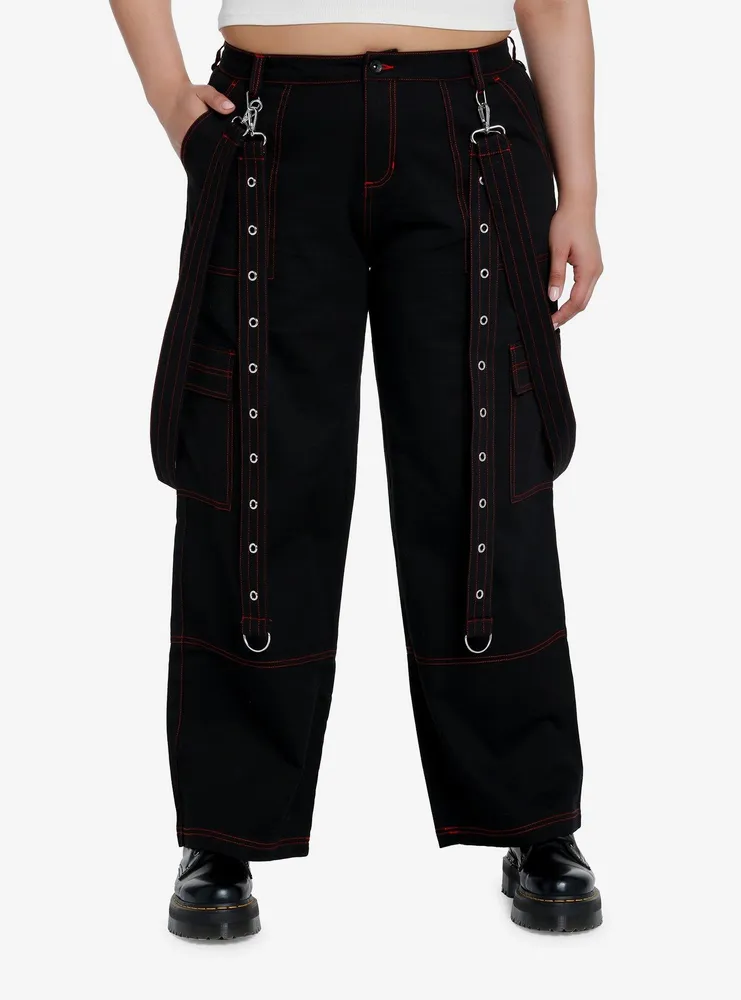 Hot Topic Red Stitch Black Cargo Suspender Pants Plus