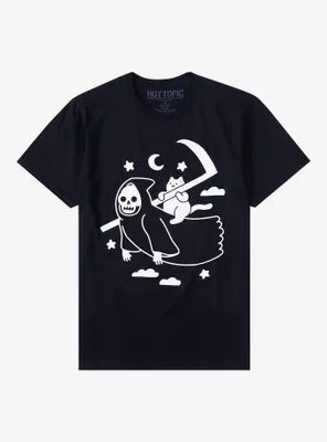 Cat Riding Death T-Shirt By Obinsun