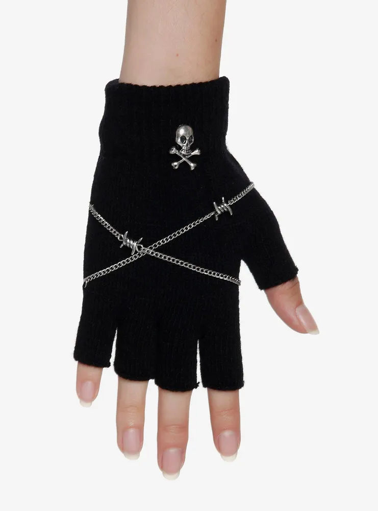 Skull Barbed Wire Chain Fingerless Gloves