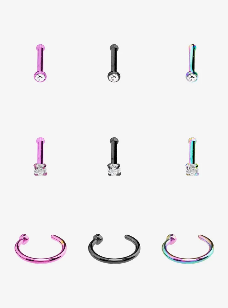 Steel Anodized Gem Nose Stud & Hoop 9 Pack