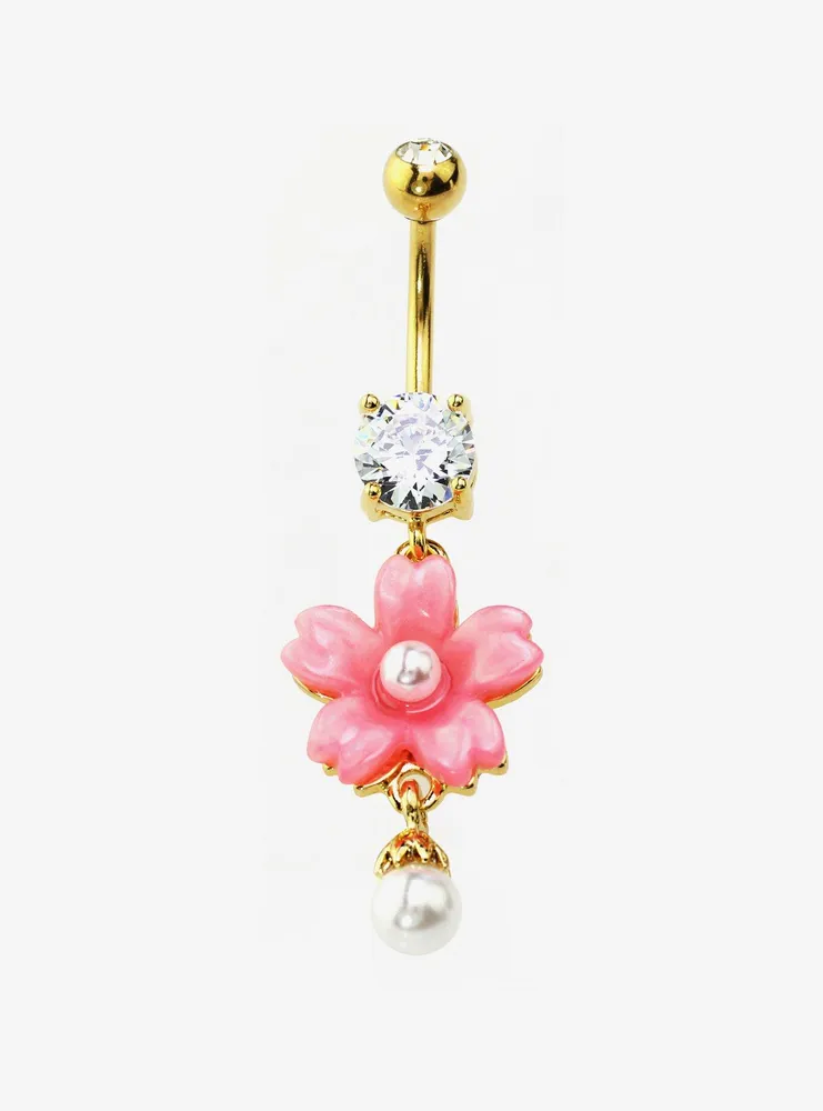 14G Steel Sakura Pearl Navel Barbell