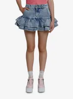 Social Collision Light Indigo Ruffle Denim Skirt With Studs