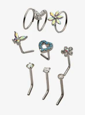 Steel Butterfly Flower Heart Nose Stud & Hoop 9 Pack