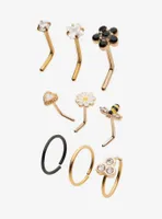 Steel Bee Flower Nose Stud & Hoop 9 Pack