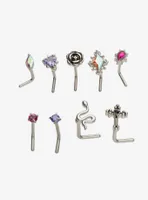 Steel Silver Snake Rose Heart Nose Stud 9 Pack