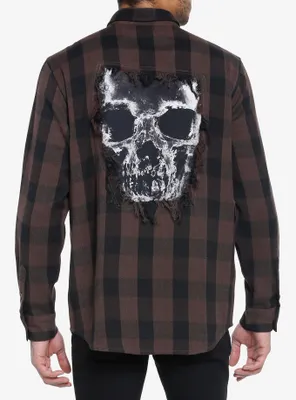 Brown Plaid Skull Rip Woven Button-Up