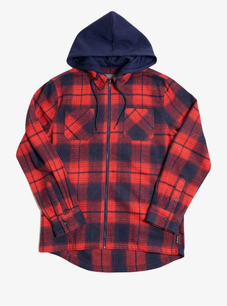 Red Navy Flannel Hooded Zip Shacket