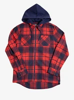 Red Navy Flannel Hooded Zip Shacket