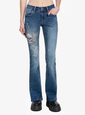 Winged Skull Cross Flare Denim Pants