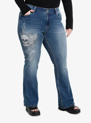 Winged Skull Cross Flare Denim Pants Plus