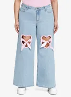 Pink Ruffle Heart Wide Leg Denim Pants Plus