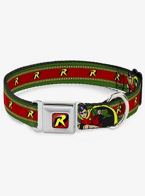 DC Comics Justice League Robin Action Pose Logo Stripe Seatbelt Buckle Dog Collar