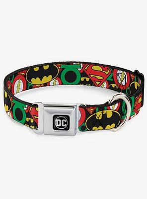 DC Comics Justice League Stacked Logos Seatbelt Buckle Dog Collar