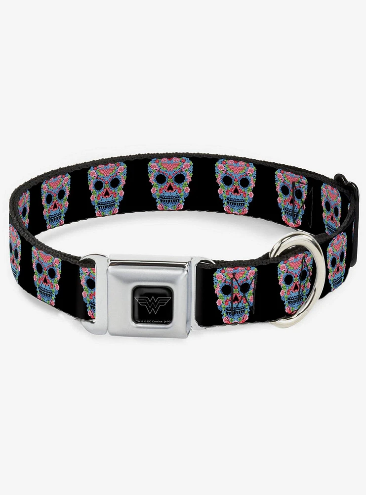 DC Comics Justice League Wonder Woman Floral Skull Seatbelt Buckle Dog Collar