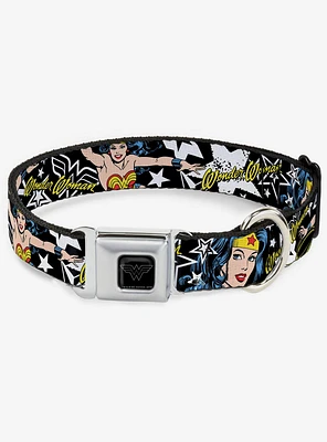DC Comics Justice League Wonder Woman Stars Black White Seatbelt Buckle Dog Collar