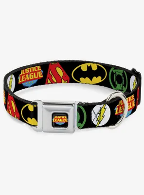 DC Comics Justice League Superhero Logos Close Up Black Seatbelt Buckle Dog Collar