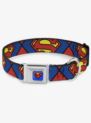 DC Comics Justice League Superman Shield Close Up Blue Red Yellow Seatbelt Buckle Dog Collar