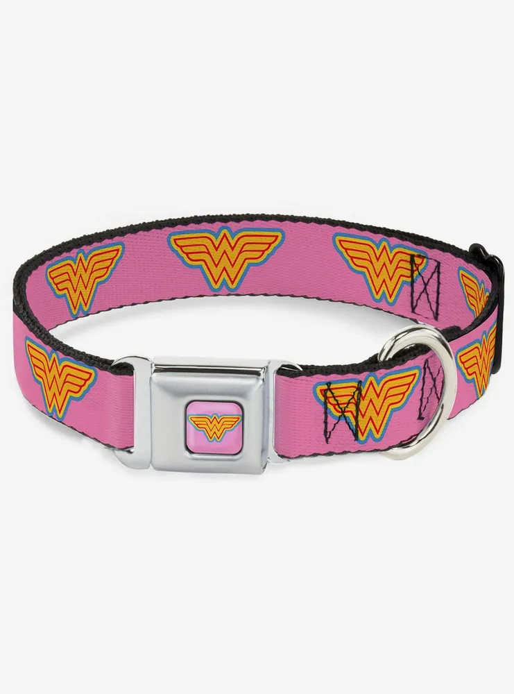 DC Comics Justice League Wonder Woman Logo Pink Blue Yellow Seatbelt Buckle Dog Collar