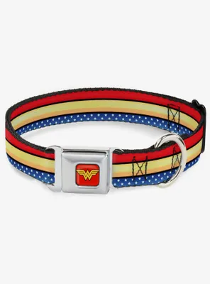 DC Comics Justice League Wonder Woman Stripe Stars Red Gold Blue White Seatbelt Buckle Dog Collar