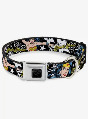 DC Comics Justice League Wonder Woman Stars?Black White Seatbelt Buckle Dog Collar
