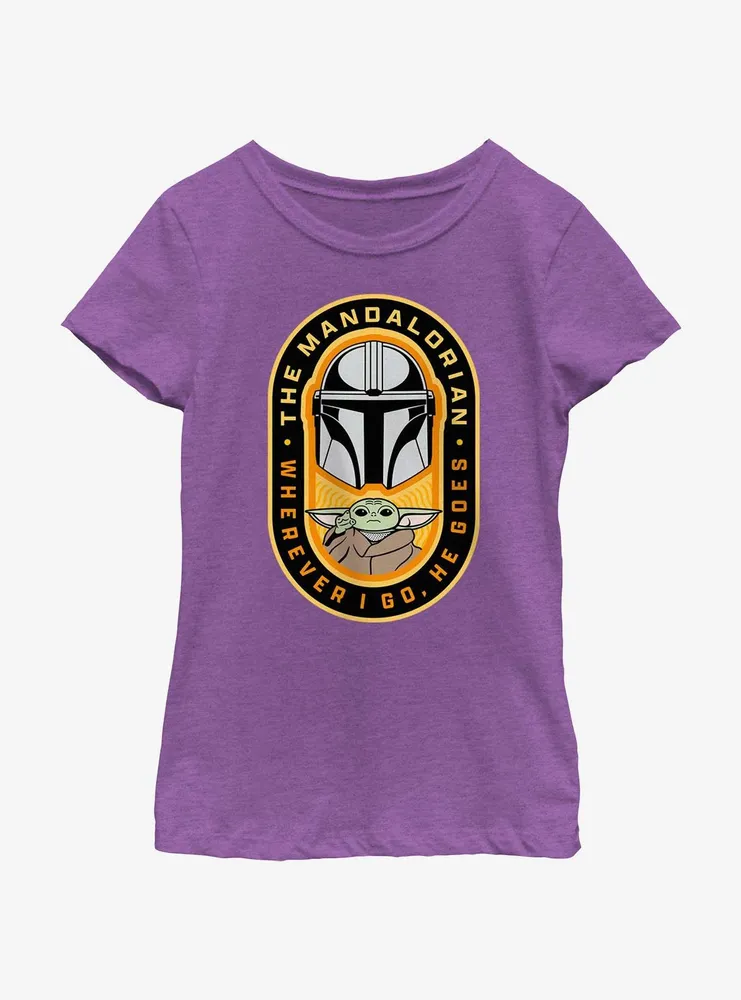 Star Wars The Mandalorian Where I Go, He Goes Badge Youth Girls T-Shirt