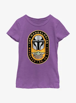 Star Wars The Mandalorian Where I Go, He Goes Badge Youth Girls T-Shirt