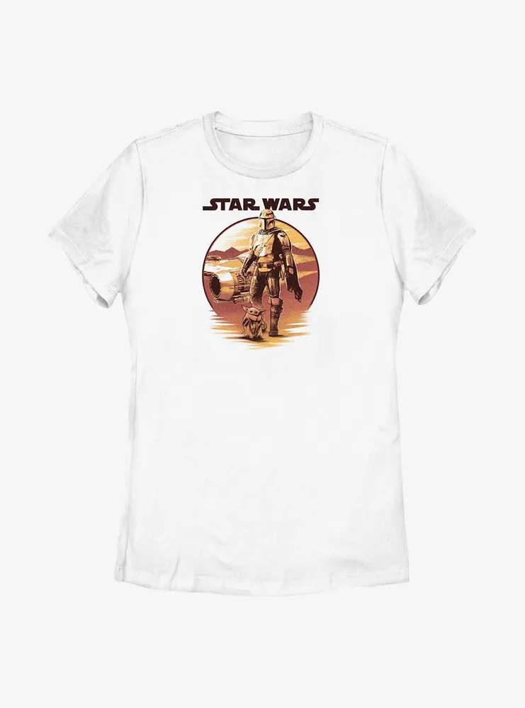 Star Wars The Mandalorian Desert Sunset Mando & Grogu Womens T-Shirt