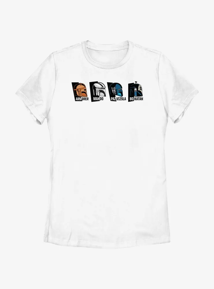 Star Wars The Mandalorian Helmet Heads Armorer, Mando, Paz Vizsla & Bo-Katan Womens T-Shirt