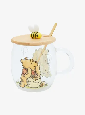 Disney Winnie the Pooh Portrait Glass Mug with Lid & Spoon
