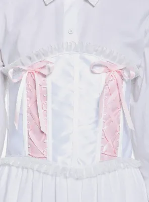 White & Pink Ruffle Lace-Up Corset