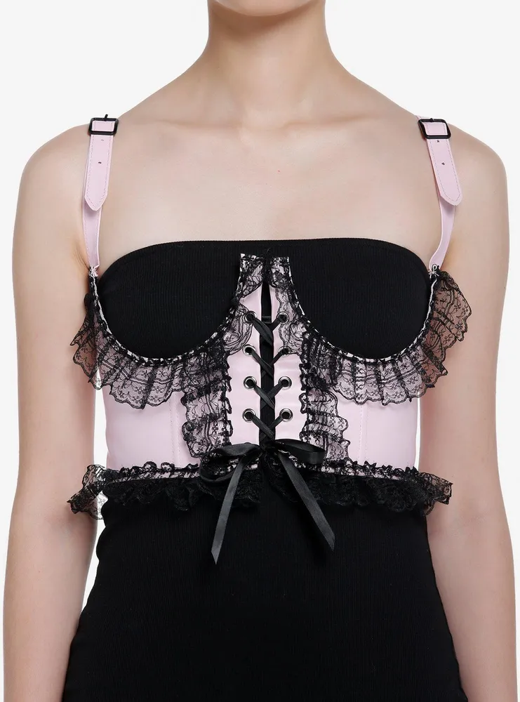 Hot Topic Pink Satin Black Lace Underbust Corset Harness