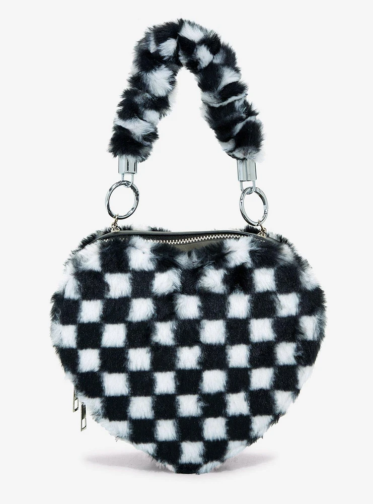 Black & White Checkered Fuzzy Heart Crossbody Bag