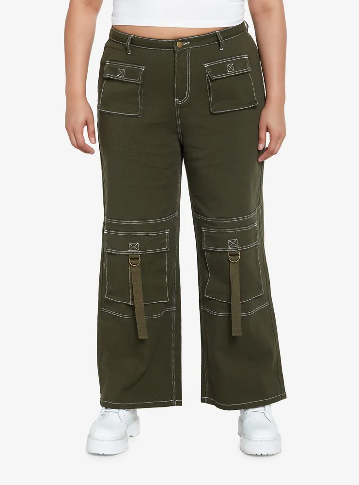 Hot Topic Green & White Contrast Stitch Strap Carpenter Pants Plus
