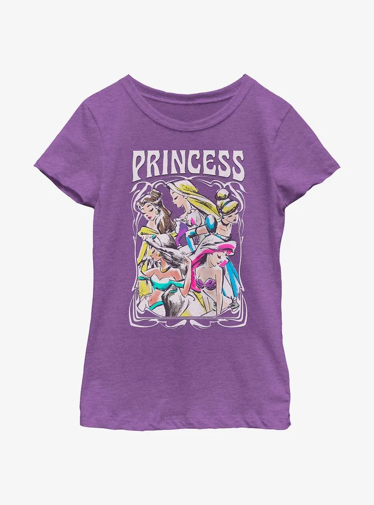 Disney Princesses Retro Drawing Portrait Youth Girls T-Shirt