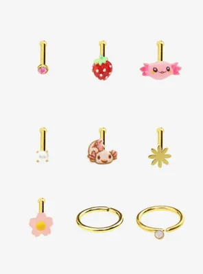 Steel Axolotl Strawberry Nose Stud & Hoop 9 Pack