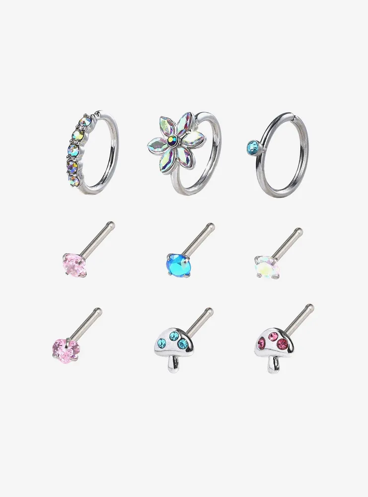 Steel Mushroom Flower Nose Stud & Hoop 9 Pack