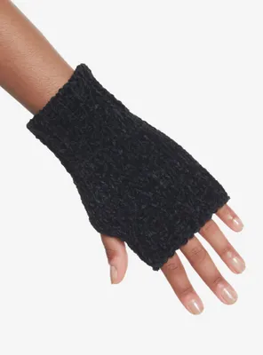 Black Chenille Chunky Knit Fingerless Gloves