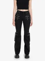 Social Collision Black Grommet Strap Zipper Flare Pants