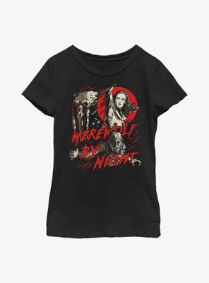 Marvel Studios' Special Presentation: Werewolf By Night Blood Moon Man-Thing, Elsa Bloodstone, and Jack Russell Youth Girls T-Shirt