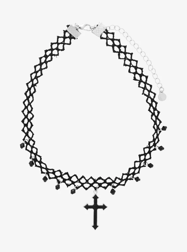 Black beaded 'Y' necklace with a cross pendant. Approximately 20
